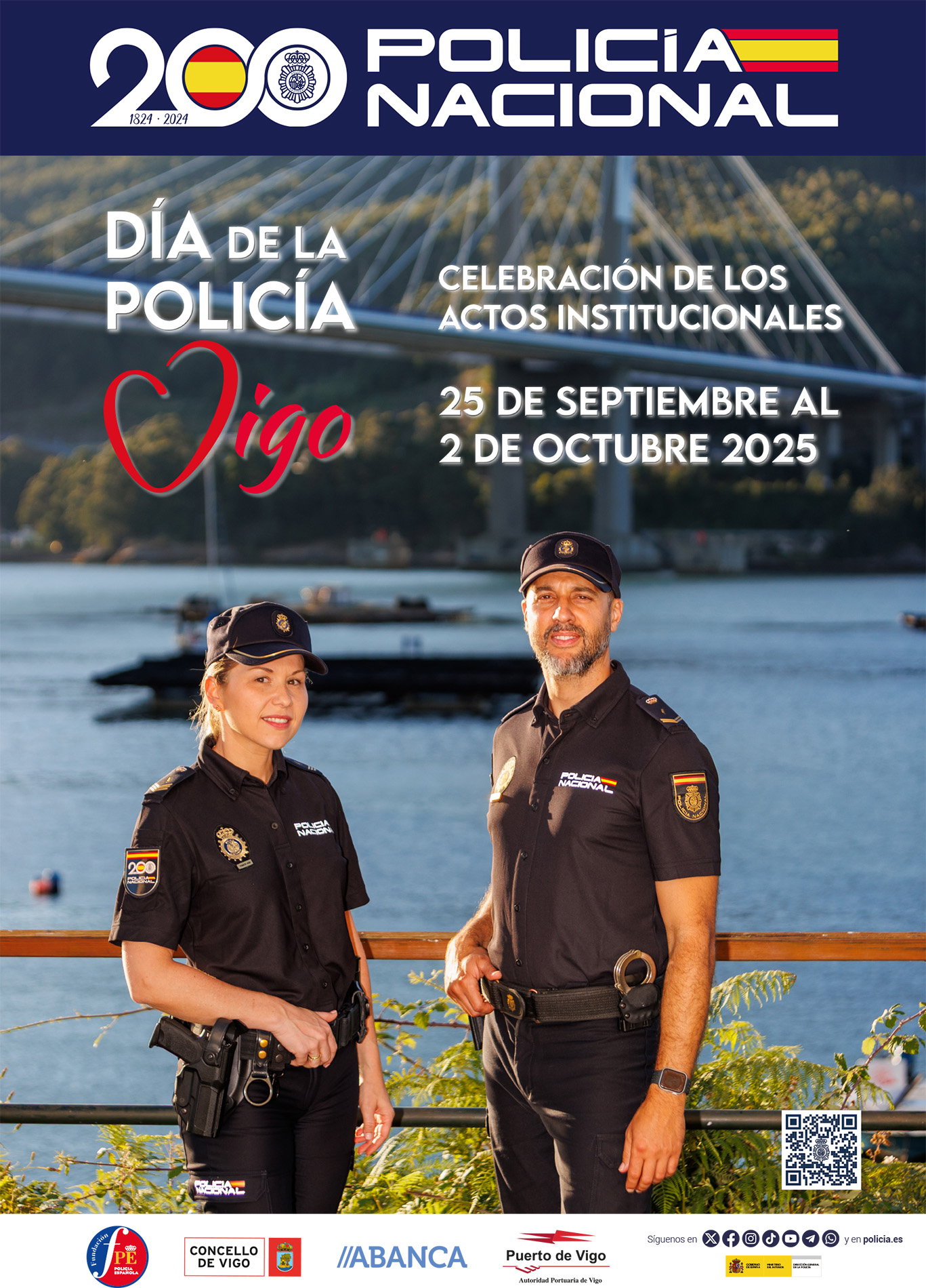 Cartel anunciando la celebración del día de la policía en el que se ven dos policías uniformados en la ría de Vigo